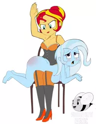 Size: 3500x4500 | Tagged: suggestive, artist:honeybee, derpibooru import, sunset shimmer, trixie, equestria girls, alternate hairstyle, armpits, ass, barefoot, blushing, breasts, busty trixie, chair, cleavage, clothed female nude female, clothes, corset, discipline, feet, female, females only, femdom, frown, garters, glare, high heels, image, lesbian, lidded eyes, lingerie, lipstick, looking up, moaning, nudity, open mouth, over the knee, png, practitioner of naturism, punishment, shipping, shoes, simple background, sitting, spank mark, spanked, spanking, stockings, suntrix, the great and powerful ass, thigh highs, white background