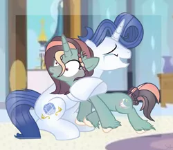 Size: 2033x1773 | Tagged: safe, artist:spectrumnightyt, derpibooru import, oc, oc:mystery moonlight, oc:spectrum night, pony, unicorn, crying, female, hug, mare, offspring, parent:rarity, parent:soarin', parents:soarity, solo, tears of joy