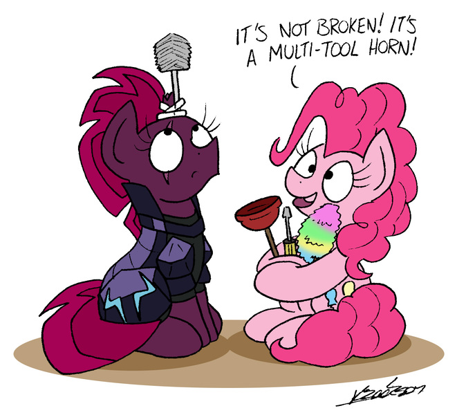 Size: 1726x1566 | Tagged: safe, artist:bobthedalek, derpibooru import, pinkie pie, tempest shadow, earth pony, pony, unicorn, my little pony: the movie, armor, dialogue, duo, duster, eye scar, female, mare, plunger, prosthetic horn, prosthetics, scar, screwdriver, simple background, sitting, toilet brush, white background