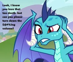 Size: 843x720 | Tagged: censored vulgarity, covering ears, cropped, derpibooru import, dragon, dragoness, edit, edited screencap, female, grammar error, grawlixes, implied loud, implied music, misspelling, ponyville, princess ember, safe, school daze, screencap, season 8, solo, spoiler:s08, text