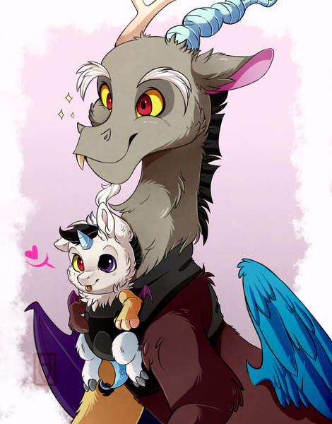 Size: 823x1050 | Tagged: safe, artist:hikariviny, derpibooru import, discord, oc, oc:chaotic, draconequus, hybrid, :p, baby, cheek fluff, chest fluff, cute, discute, ear fluff, father and son, fluffy, happy, heart, heterochromia, interspecies offspring, like father like son, male, mlem, neck fluff, ocbetes, offspring, parent:discord, parent:princess celestia, parents:dislestia, silly, smiling, sparkles, tongue out