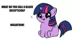 Size: 1194x668 | Tagged: suggestive, anonymous artist, deleted from derpibooru, derpibooru import, twilight sparkle, unicorn, exploitable meme, female, filly, filly twilight, filly twilight sparkle, filly twilight telling an offensive joke, megatron, meme, obligatory pony, out of character, racism, simple background, slur, solo, transformers, unicorn twilight, vulgar, white background, younger