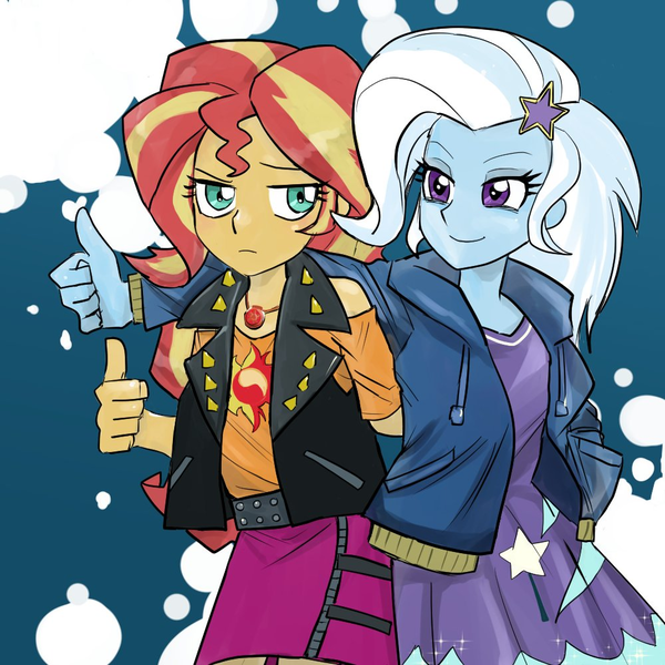 Size: 1000x1000 | Tagged: safe, artist:bojack_mlplove, derpibooru import, sunset shimmer, trixie, equestria girls, equestria girls series, forgotten friendship, clothes, cute, diatrixes, duo, geode of empathy, hairpin, hoodie, jacket, leather jacket, looking at you, skirt, smiling, thumbs up