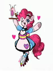 Size: 3024x4032 | Tagged: safe, artist:hosikawa, derpibooru import, pinkie pie, ponified, earth pony, pony, coinky-dink world, eqg summertime shorts, equestria girls, apron, clothes, cute, diapinkes, equestria girls ponified, female, heart, looking at you, mare, milkshake, one eye closed, roller skates, server pinkie pie, simple background, tray, white background, wink