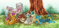 Size: 1024x488 | Tagged: safe, artist:inuhoshi-to-darkpen, derpibooru import, gallus, ocellus, sandbar, silverstream, smolder, yona, changedling, changeling, classical hippogriff, dragon, earth pony, gryphon, hippogriff, pony, yak, school daze, book, compound eyes, dragoness, elements of harmony, female, male, reading, smiling, student six, teenager, tree, wallpaper, water