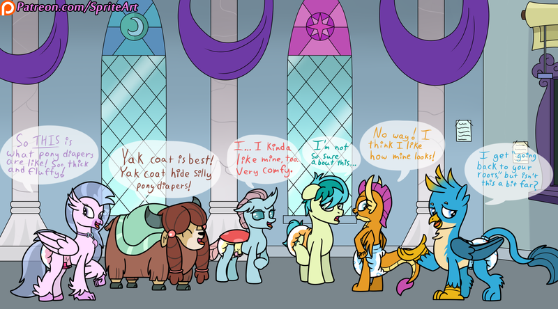 Size: 1800x1000 | Tagged: suggestive, artist:spritepony, derpibooru import, gallus, ocellus, sandbar, silverstream, smolder, yona, changedling, changeling, classical hippogriff, dragon, gryphon, hippogriff, yak, spoiler:s08, classroom, dialogue, diaper, diaper fetish, fetish, happy, patreon, patreon link, patreon logo, pose, speech, speech bubble, student six, text