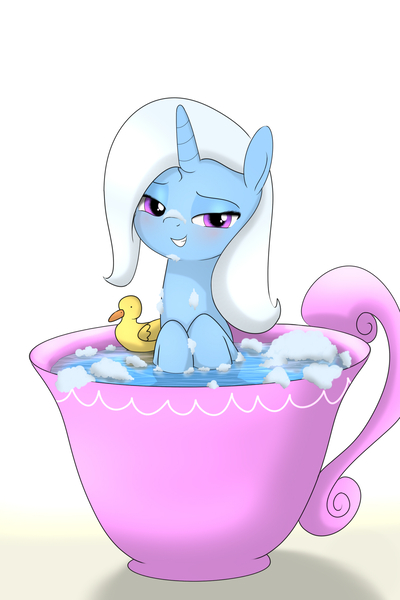 Size: 1500x2250 | Tagged: safe, artist:fotasy, derpibooru import, trixie, pony, unicorn, bath, bedroom eyes, blushing, cup, cute, female, looking at you, mare, rubber duck, smiling, soap bubble, solo, teacup, that pony sure does love teacups, we don't normally wear clothes