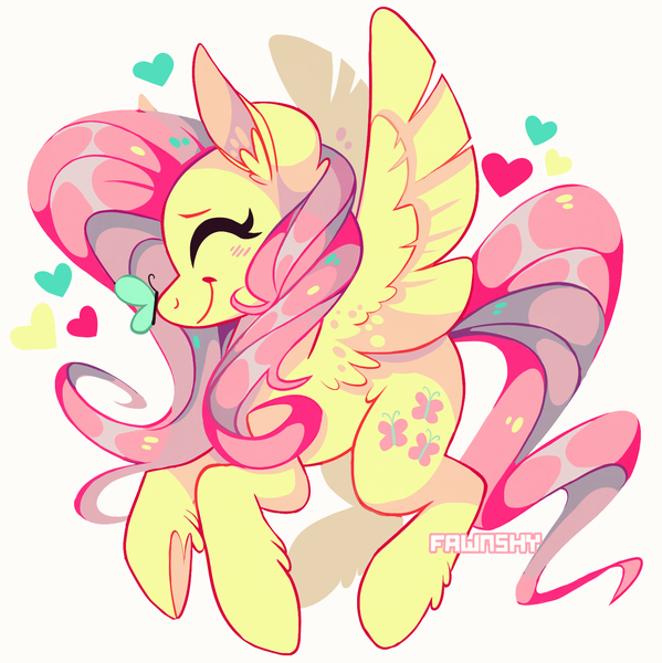Size: 1661x1664 | Tagged: safe, artist:fawnshy, derpibooru import, fluttershy, butterfly, pegasus, pony, butterfly on nose, cute, ear fluff, eyes closed, female, heart, heart hoof, insect on nose, leg fluff, mare, profile, shyabetes, simple background, smiling, solo, spread wings, white background, wing fluff, wings