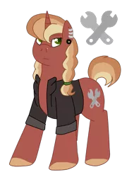 Size: 1435x1891 | Tagged: safe, artist:sylver-unicorn, derpibooru import, oc, oc:gingerbread, unofficial characters only, unicorn, clothes, ear piercing, female, jacket, leather jacket, magical gay spawn, mare, nose piercing, offspring, parent:donut joe, parent:sunburst, piercing, simple background, solo, transparent background