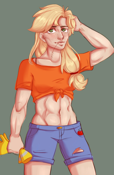 Size: 607x929 | Tagged: abs, applejack, applejacked, artist:bubblenote, beautiful, blonde, clothes, derpibooru import, female, hatless, human, humanized, looking at you, masculine, missing accessory, muscles, shirt, shorts, simple background, solo, solo female, suggestive, tomboy