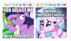 Size: 479x278 | Tagged: alicorn, caption, classical hippogriff, cute, derpibooru, derpibooru import, descriptive noise, diastreamies, edit, edited screencap, faic, floppy ears, hippogriff, image macro, impact font, irony, juxtaposition, meme, meta, misspelling, pillow, racism, reaction image, safe, school daze, screencap, silverstream, tissue, twilight sparkle, twilight sparkle (alicorn)