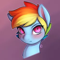 Size: 2000x2000 | Tagged: safe, artist:captainpudgemuffin, derpibooru import, rainbow dash, pegasus, pony, alternate hairstyle, angry, blushing, bust, female, looking at you, mare, portrait, short hair, short hair rainbow dash, solo