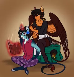 Size: 1870x1964 | Tagged: safe, artist:blackblood-queen, derpibooru import, oc, oc:annie belle, oc:daniel dasher, anthro, dracony, hybrid, pegasus, unguligrade anthro, unicorn, anthro oc, book, brother and sister, clothes, cloven hooves, crossdressing, female, flower, flower in hair, glowing horn, leonine tail, magic, male