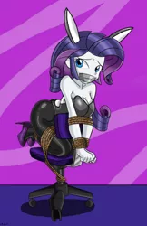 Size: 480x742 | Tagged: suggestive, artist:gaggeddude32, artist:iron-neko, derpibooru import, edit, rarity, equestria girls, bare shoulders, bondage, bound, breasts, bunny ears, bunny suit, busty rarity, cleavage, clothes, female, femsub, gag, high heels, leotard, pantyhose, playboy bunny, rope, rope bondage, shoes, solo, solo female, submissive, tape gag, thong leotard, tied up