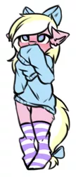 Size: 888x2065 | Tagged: anthro, artist:oddends, blushing, bow, clothes, colored sketch, cute, derpibooru import, female, hair bow, looking up, mare, oc, oc:bay breeze, pegasus, safe, socks, striped socks, sweater, tail bow, unofficial characters only, ych result