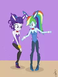 Size: 480x640 | Tagged: suggestive, artist:ilaria122, derpibooru import, edit, rainbow dash, rarity, equestria girls, adorasexy, bad anatomy, breasts, bunny ears, bunny suit, clothes, cuffs (clothes), cute, embarrassed, high heels, leotard, long legs, pantyhose, playboy bunny, sexy, shoes, unstable