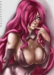 Size: 630x875 | Tagged: absolute cleavage, artist:bunsogen, artist:dandonfuga, art theft, big breasts, breasts, busty fluttershy, cleavage, clothes, derpibooru import, erect nipples, female, fluttershy, hair over one eye, human, humanized, looking at you, nipple outline, not pinkie pie, signature, solo, solo female, suggestive, trace