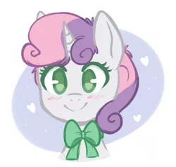 Size: 430x410 | Tagged: safe, artist:higgly-chan, derpibooru import, sweetie belle, pony, unicorn, blushing, bow, bust, colored pupils, cute, daaaaaaaaaaaw, diasweetes, female, filly, heart, hnnng, portrait, simple background, smiling, solo, white background