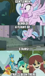 Size: 852x1440 | Tagged: safe, derpibooru import, edit, edited screencap, screencap, gallus, ocellus, sandbar, silverstream, smolder, yona, changedling, changeling, classical hippogriff, dragon, earth pony, gryphon, hippogriff, pony, yak, school daze, aqua teen hunger force, doctor weird, image macro, meme, student six, that hippogriff sure does love stairs