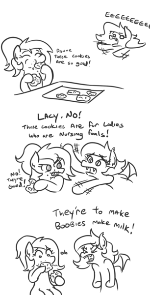 Size: 517x1014 | Tagged: suggestive, artist:jargon scott, derpibooru import, oc, oc:lacy, oc:panne, unofficial characters only, bat pony, earth pony, pony, bat pony oc, black and white, comic, cookie, crotchboob expansion, crotchboobs, dialogue, eating, eeee, female, food, grayscale, growth, hoof hold, implied lactation, impossibly large crotchboobs, mare, mistakes were made, monochrome, simple background, white background