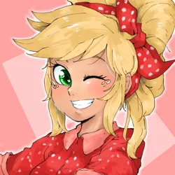 Size: 640x640 | Tagged: safe, artist:kogarasumaru24, derpibooru import, applejack, human, equestria girls, equestria girls series, five to nine, bandana, bust, clothes, cute, female, human coloration, humanized, jackabetes, looking at you, one eye closed, pink background, simple background, smiling, solo, wink
