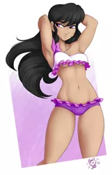 Size: 1800x2800 | Tagged: adorasexy, arm behind head, armpits, artist:ponut_joe, attached skirt, belly button, bow swimsuit, breasts, clothes, cute, dark skin, derpibooru import, equestria girls series, female, frilled swimsuit, human, human coloration, humanized, midriff, moderate dark skin, octavia melody, purple swimsuit, sexy, skirt, solo, solo female, suggestive, swimsuit, tavibetes, tricolor swimsuit, underboob, x marks the spot