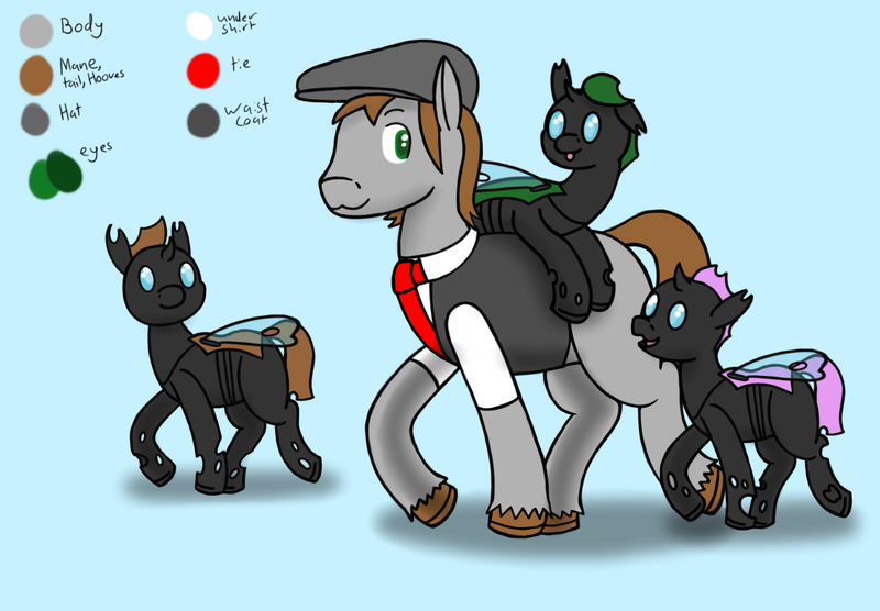 Size: 1391x966 | Tagged: safe, artist:wyntermoon, derpibooru import, oc, oc:brushed brew, unofficial characters only, changeling, adopted offspring, brown changeling, clothes, colt, female, filly, flatcap, foal, formal wear, green changeling, male, necktie, pink changeling, reference, reference sheet, stallion, tongue out, transparent wings, waistcoat