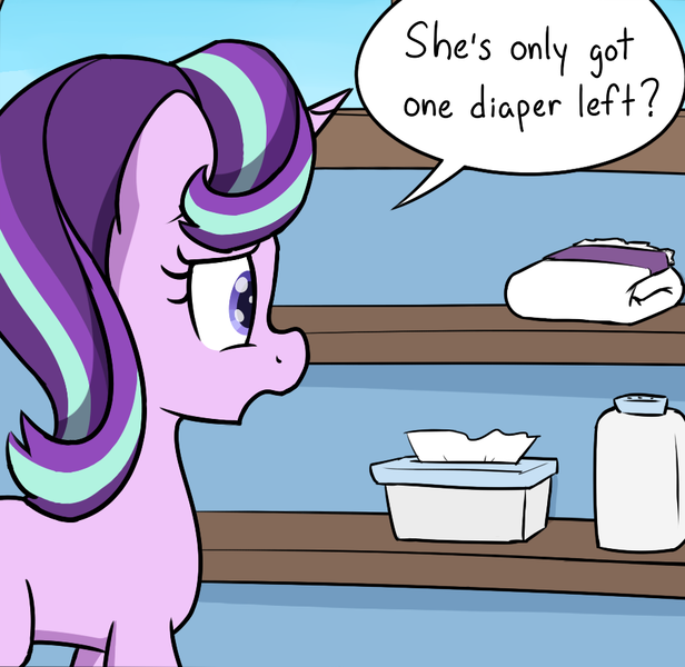 Size: 905x882 | Tagged: artist:skitter, comic, cropped, derpibooru import, dialogue, diaper, female, fetish, foal powder, foal wipes, safe, starlight glimmer, text