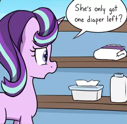 Size: 905x882 | Tagged: artist:skitter, comic, cropped, derpibooru import, dialogue, diaper, female, fetish, foal powder, foal wipes, safe, starlight glimmer, text