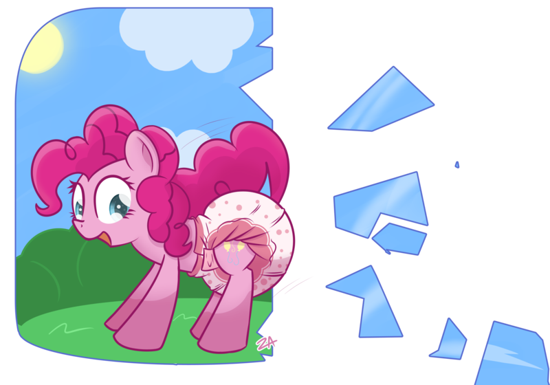 Size: 1829x1280 | Tagged: artist:zalakir, breaking the fourth wall, bush, cute, derpibooru import, diaper, diaper fetish, diapinkes, female, fetish, pinkie pie, poofy diaper, simple background, sky, solo, solo female, suggestive, sun, transparent background