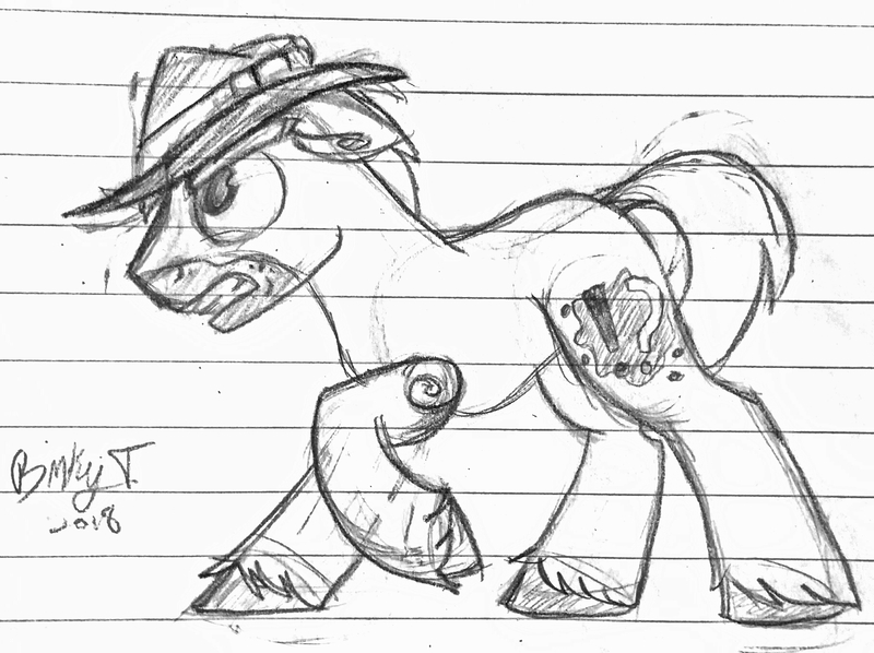 Size: 1816x1358 | Tagged: safe, artist:binkyt11, derpibooru import, biff, earth pony, pony, angry, battle stance, fedora, hat, henchmen, lined paper, male, monochrome, raised hoof, solo, stallion, traditional art, unshorn fetlocks