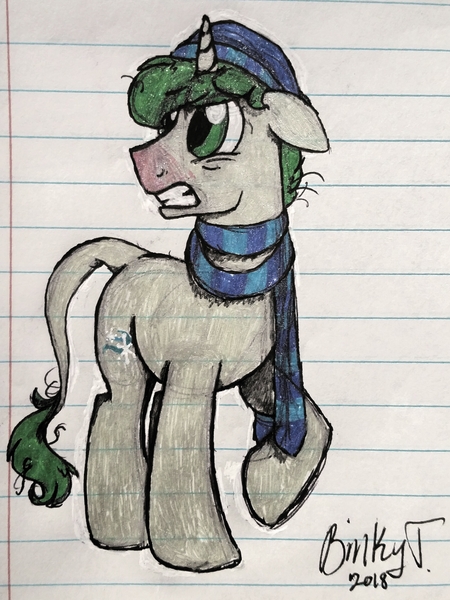 Size: 1904x2538 | Tagged: safe, artist:binkyt11, derpibooru import, oc, oc:gusty breeze, unofficial characters only, pony, unicorn, beanie, clothes, hat, leonine tail, lined paper, male, pen drawing, raised hoof, red nosed, scarf, sick, solo, stallion, traditional art