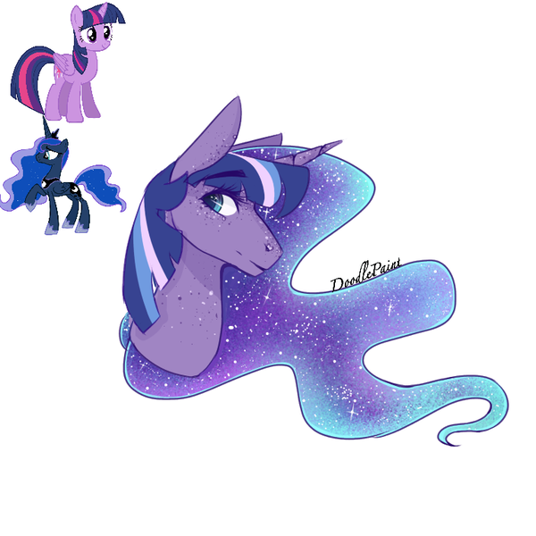 Size: 768x768 | Tagged: safe, artist:doodlepaintdraws, derpibooru import, princess luna, twilight sparkle, twilight sparkle (alicorn), oc, alicorn, pony, bust, female, fusion, portrait, simple background, twiluna, white background