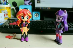 Size: 6000x4000 | Tagged: safe, artist:artofmagicpoland, derpibooru import, sunset shimmer, twilight sparkle, twilight sparkle (alicorn), alicorn, equestria girls, doll, equestria girls minis, female, guitar, lesbian, looking at each other, shipping, sunsetsparkle, toy