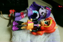 Size: 6000x4000 | Tagged: safe, artist:artofmagicpoland, derpibooru import, sunset shimmer, twilight sparkle, equestria girls, doll, equestria girls minis, female, lesbian, looking at each other, shipping, sunsetsparkle, toy