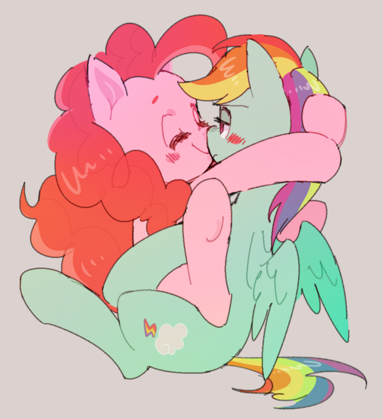 Size: 974x1065 | Tagged: safe, artist:gyunyu, derpibooru import, pinkie pie, rainbow dash, earth pony, pegasus, pony, eyes closed, female, hug, lesbian, mare, pinkiedash, shipping, simple background