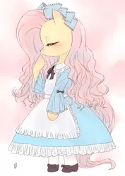 Size: 1000x1414 | Tagged: safe, artist:yanamosuda, derpibooru import, fluttershy, pegasus, pony, bipedal, blushing, bow, clothes, cute, dress, eyes closed, female, hair bow, lidded eyes, lolita fashion, mare, shyabetes, solo