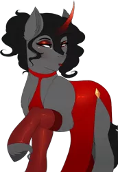 Size: 482x700 | Tagged: safe, alternate version, artist:evehly, derpibooru import, edit, king sombra, pony, alternate hairstyle, beautiful, clothes, curved horn, cute, dress, female, lidded eyes, lipstick, makeup, male, queen sombrina the pansexual trans woman, red eyes, simple background, solo, sombradorable, stockings, thigh highs, trans girl, transgender, transparent background, trap, unshorn fetlocks