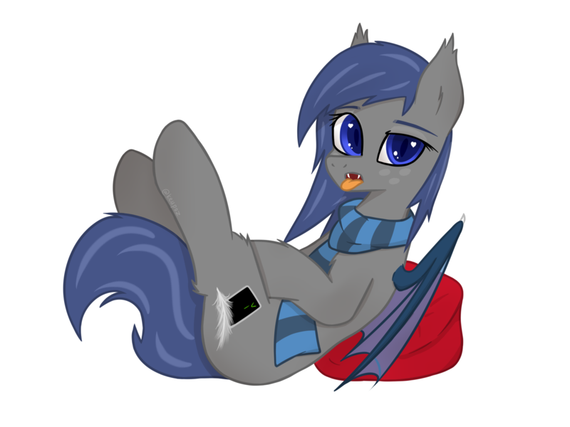 Size: 2000x1500 | Tagged: safe, artist:keupoz, derpibooru import, oc, oc:midnight feathers, unofficial characters only, bat pony, bat pony oc, clothes, lying, pillow, scarf, simple background, tongue out, transparent background