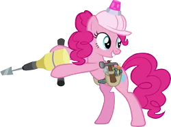 Size: 4968x3703 | Tagged: artist:ironm17, bipedal, construction pony, derpibooru import, grin, hammer, helmet, jackhammer, pinkie pie, safe, school daze, simple background, smiling, solo, transparent background, vector