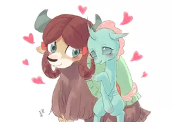 Size: 1000x707 | Tagged: artist:yanamosuda, blushing, changedling, changeling, cute, derpibooru import, female, heart, lesbian, monkey swings, ocellus, safe, school daze, shipping, simple background, white background, yak, yona, yonellus