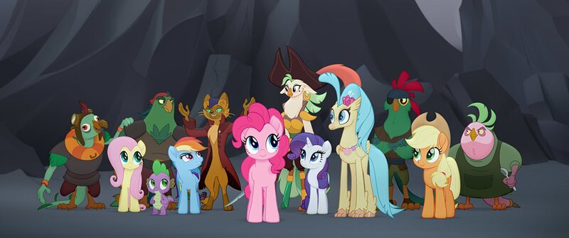 Size: 1777x744 | Tagged: safe, derpibooru import, screencap, applejack, boyle, capper dapperpaws, captain celaeno, fluttershy, lix spittle, mullet (character), murdock, pinkie pie, princess skystar, rainbow dash, rarity, spike, abyssinian, anthro, cat, classical hippogriff, digitigrade anthro, earth pony, hippogriff, parrot pirates, pegasus, pony, unicorn, my little pony: the movie, amputee, anthro with ponies, beach, happy, peg leg, pirate, prosthetic beak, prosthetic leg, prosthetic limb, prosthetics, smiling, spoon, squabble