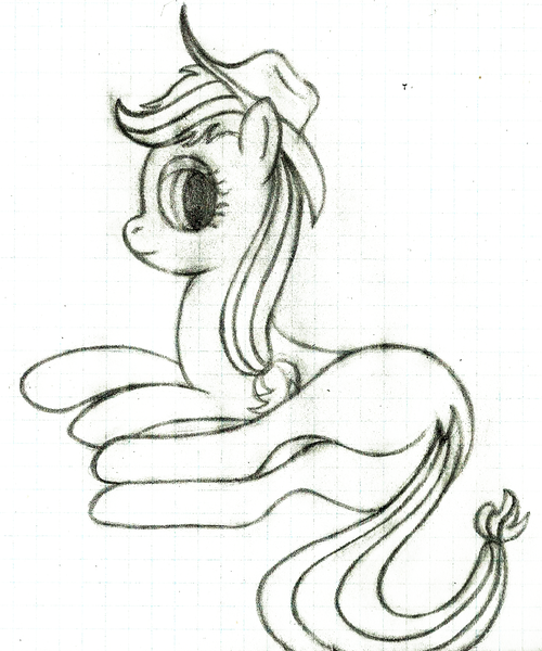 Size: 1382x1657 | Tagged: safe, artist:mfg637, derpibooru import, applejack, earth pony, pony, butt, female, graph paper, looking at you, lying, mare, missing cutie mark, monochrome, plot, simple background, sketch, solo, traditional art, white background