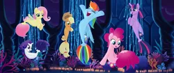 Size: 1777x744 | Tagged: alicorn, applejack, coral, derpibooru import, fluttershy, happy, hat, hoof in air, laughing, mane six, my little pony: the movie, pinkie pie, rainbow dash, rarity, safe, screencap, seaponified, seapony applejack, seapony fluttershy, seapony (g4), seapony pinkie pie, seapony rainbow dash, seapony rarity, seapony twilight, seaquestria, species swap, twilight sparkle, twilight sparkle (alicorn), underwater, water