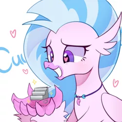Size: 1024x1024 | Tagged: safe, artist:maren, derpibooru import, silverstream, classical hippogriff, hippogriff, school daze, bust, cute, dialogue, diastreamies, female, heart, heart eyes, keychain, simple background, smiling, solo, sparkles, stairs, that hippogriff sure does love stairs, white background, wingding eyes