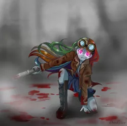 Size: 1490x1482 | Tagged: semi-grimdark, artist:whiskyice, derpibooru import, rainbow dash, equestria girls, badass, blood, blood on goggles, boots, clothes, compression shorts, cute, female, goggles, gun, jacket, looking at you, pleated skirt, shoes, shorts, skirt, weapon