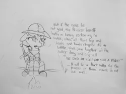 Size: 1920x1440 | Tagged: safe, artist:tjpones, author:william shakespeare, derpibooru import, unnamed pony, earth pony, pony, campfire, female, helmet, henry v, lineart, mare, monochrome, scrunchie, shakespeare, simple background, sketch, solo, sword, text, traditional art, weapon, written word