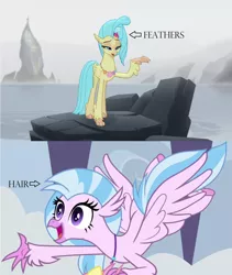 Size: 1304x1544 | Tagged: classical hippogriff, comparison, cute, derpibooru import, diastreamies, feathered fetlocks, female, hippogriff, jewelry, mount aris, my little pony: the movie, necklace, princess skystar, safe, school daze, screencap, seashell necklace, silverstream