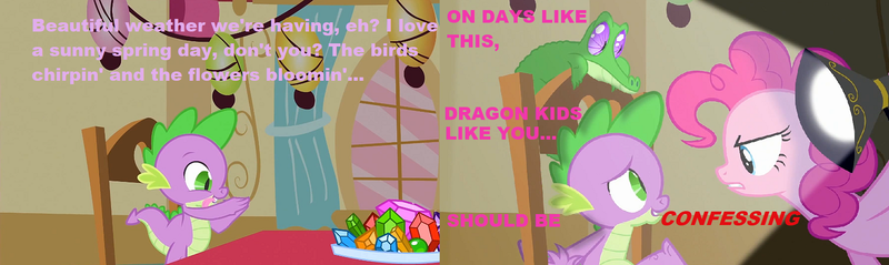 Size: 2018x604 | Tagged: safe, derpibooru import, edit, edited screencap, screencap, gummy, pinkie pie, spike, party of one, chair, confess, curtain, gem, interrogation, lamp, quotes, table, tongue out, undertale, window