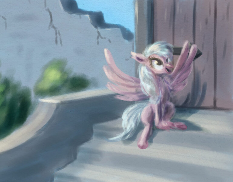 Size: 1029x803 | Tagged: artist:el-yeguero, classical hippogriff, derpibooru import, female, hippogriff, safe, school daze, silverstream, smiling, solo, stairs, that hippogriff sure does love stairs